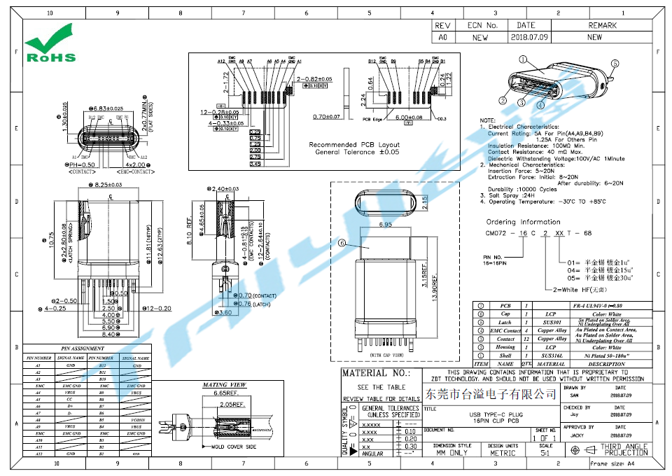 USB TYPE-C PLUG 16PIN CLIP PCB