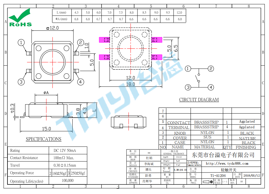 12*12 轻触开关T1-A1206