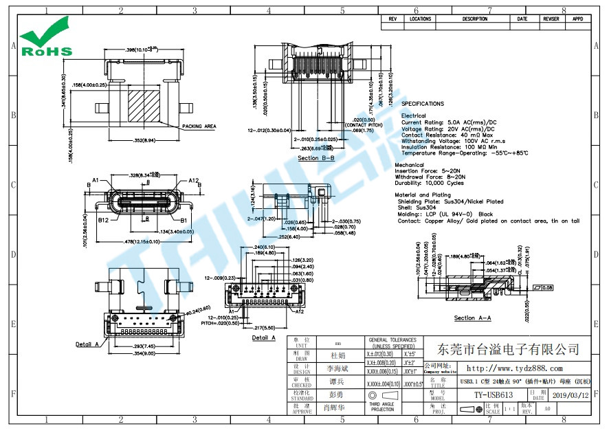 613 USB3.1 C型 24触点 90°(插件+贴片) 母座 (沉板)