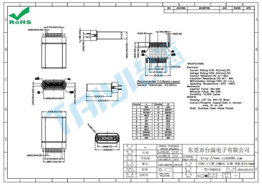 616 USB3.1 C型 24触点 公座 夹板式(0.9mm)