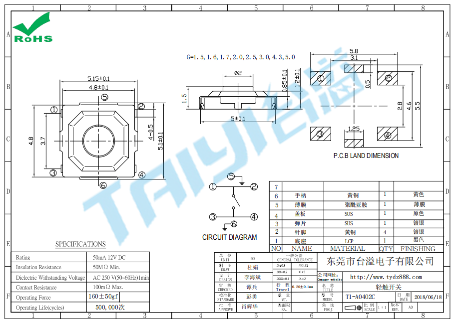 5.2*5.0轻触开关T1-A0402C