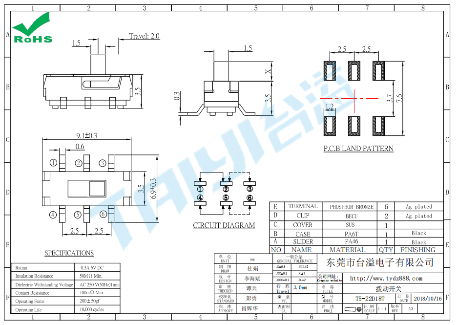 mini拨动开关T5-22D18T